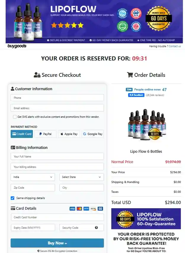 Lipo Flow Secure Order Page — Checkout